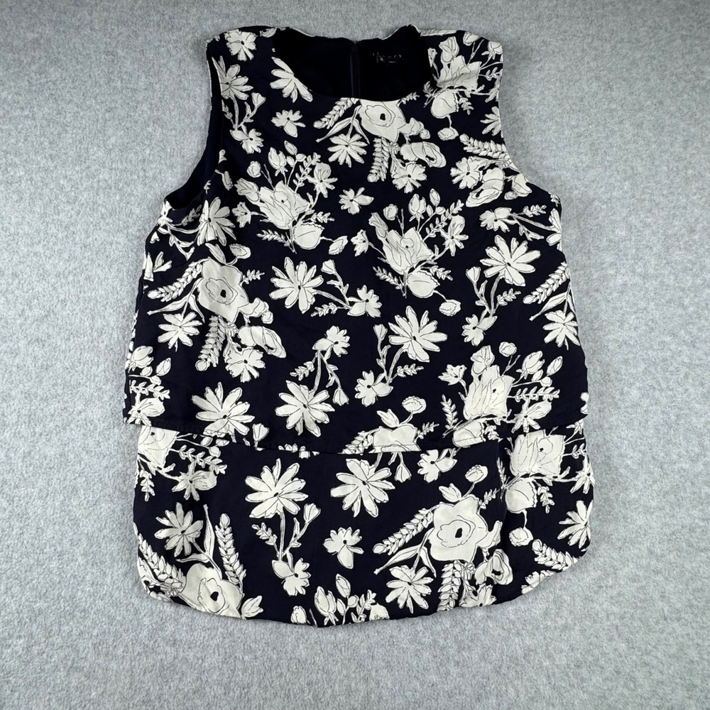Theory Navy Blue White Floral 100% Silk Sleeveless Layered Hem Blouse Medium